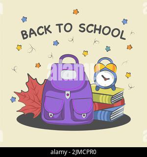 back to school background composition from a backpack of books and an alarm clock Stock Vector
