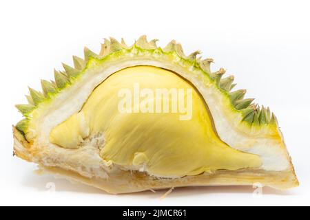 Close up peeled Durian isolated on white background for eat, the famous fruit from Thailand, it also known as The King of Fruits Stock Photo