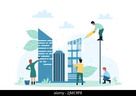 Architects building model of modern office skyscraper vector illustration. Cartoon tiny engineers working on town development with builders equipment, planning construction. Architecture concept Stock Vector