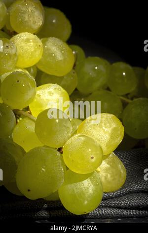 Closeup of heap of fresh ripe grapes placed on black tablecloth Stock Photo