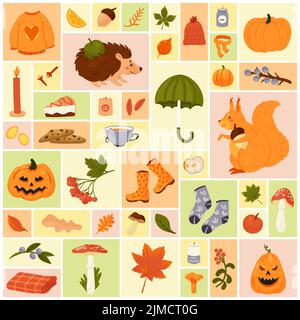 Autumn season set vector illustration. Cartoon herbarium of forest tree leaves, candle and acorn, cute squirrel and hedgehog with apple, harvest for Thanksgiving party in geometric collage background Stock Vector