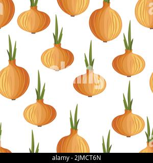 Seamless pattern with bitter golden onion on white background. Summer farm vegitables. Natural fresh bright bunch of onion. Vector illustration for Stock Vector