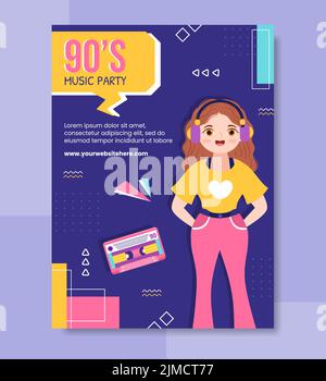 90s Retro Party Poster Template Flat Cartoon Background Vector Illustration Stock Vector