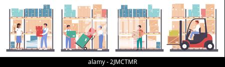 Factory warehouse with workers set vector illustration. Cartoon people carry boxes with goods, loading with forklift, control of working process by manager isolated white. Merchandise, storage concept Stock Vector