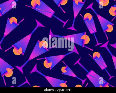 Cocktail with umbrellas 80s style seamless pattern. Alcoholic cocktails with umbrellas and lime slice. Design for bar menus, advertising materials and Stock Vector