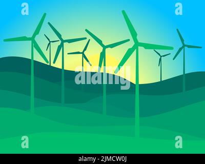 Landscape with wind turbines. Green energy concept, wind turbine silhouettes. Renewable energy, clean electricity production. Eco-friendly wind energy Stock Vector