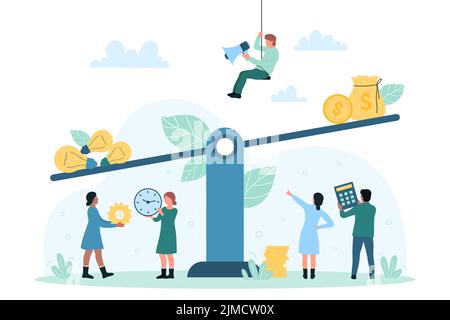 Light bulb symbol of business creative idea and money on seesaw scales vector illustration. Cartoon tiny people compare weight and price of lightbulbs, comparison of innovations cost for budget Stock Vector