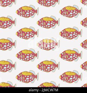 Colourful fishes on pale pink background, seamless pattern. Stock Vector