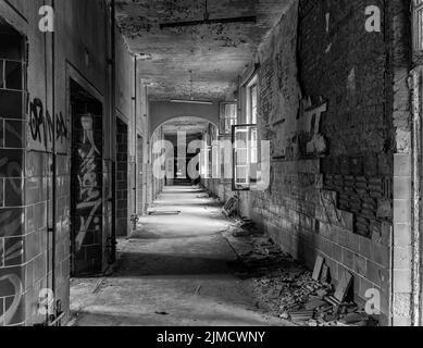 Lost Place, Abandoned Ruin, Black and White, Interior, Lung Clinic and Sanatorium, Beelitz, Brandenburg, Germany Stock Photo