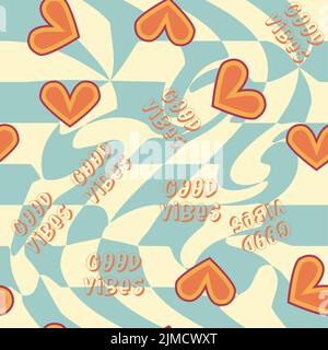 Love heart, daisies, waves of positivity retro 70s seamless pattern. Yellow, orange, red scattered heart shapes on a swirling background. Cool, groovy Stock Vector