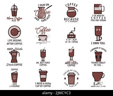 Various vector stickers with coffee drinks and texts Stock Vector