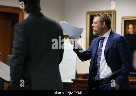 Austin, United States. 05th Aug, 2022. WESLEY BALL objects during Andino Reynal's closing arguments Friday, Aug. 5, 2022, at the Travis County Courthouse in Austin. Jurors were asked to assess punitive damages against InfoWars host Alex Jones (not shown) after awarding $4.1 million in actual damages to the parents of Jesse Lewis on Thursday. Credit: Briana Sanchez/POOL Stock Photo
