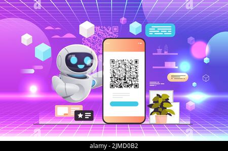 robot scanning QR code on smartphone screen readable barcode verification artificial intelligence technology Stock Vector