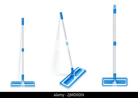 Floor mop for clean and sweep dust at home. Vector realistic illustration of house cleanup tool, broom with plastic handle and cloth duster isolated on white background Stock Vector