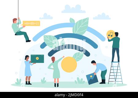 Wifi connection for network access and tiny people. Cartoon internet users play videos and music, download pictures and sounds in wi fi zone flat vector illustration. Wireless service, hotspot concept Stock Vector