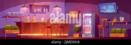 Empty bar interior vector illustration. Cartoon glasses of foamy beer, burger served on wooden counter, alcohol bottles on shelf, cold beverages in fridge, tv, arrow sign on wall. Night pub atmosphere Stock Vector