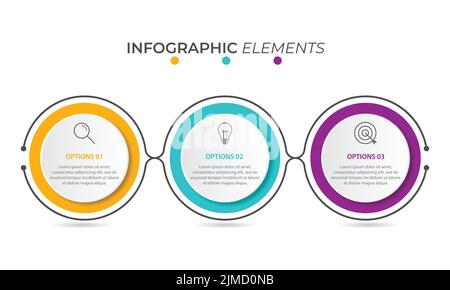 Circle infographic icons of 3 steps connected to each other: research, idea, goal Stock Vector