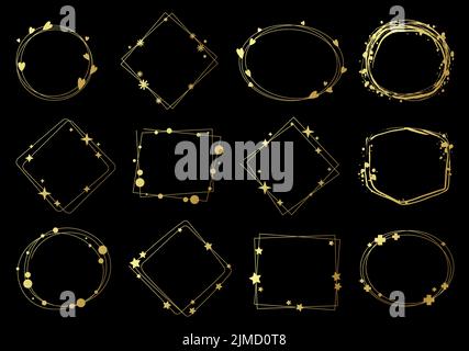 Modern golds frames in a minimalistic style with elements of hearts, stars, crosses, snowflakes, circles. Various shapes of frames, vector illustration isolated Stock Vector