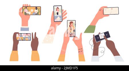Hands of people hold and touch screen of mobile phones with online applications set vector illustration. Cartoon characters use video call, music playlist, map app on gadget isolated on white Stock Vector