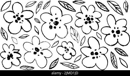 Linear flowers and leaves drawn with charcoal. Stock Vector