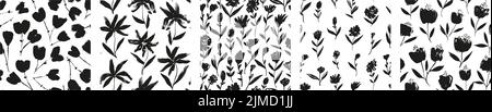 Set of black brush flowers seamless patterns. Stock Vector