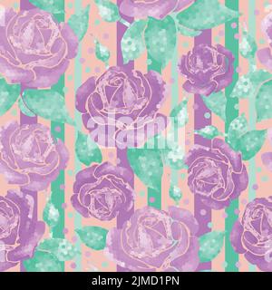 Seamless pattern pattern with roses geometric line style purple flowers with buds on a peach background. The fabric is fashionable with trend pattern. Stock Vector