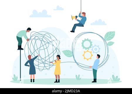 Business communication, rational thinking in problem solving vector illustration. Cartoon tiny people holding tangled chaotic tangle to untangle difficult and complicated task, chaos in thoughts Stock Vector