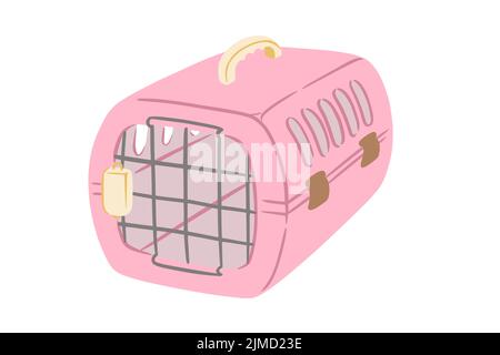 Pet carrier with metal door. Pink carrier to transport animals in voyages. Vector illustration in cute doodle style Stock Vector