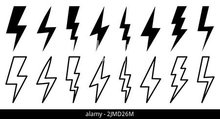 Set of lightning bolt icons. Flat and line art style. Symbol for website design, logo, app, UI. Vector illustration, EPS10 Stock Vector