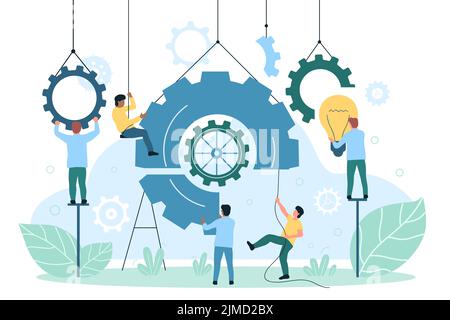 Implementation and integration of innovations into business process. Cartoon tiny engineers and developers work with system of gears, light bulb flat vector illustration. Solution, development concept Stock Vector