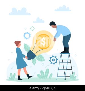 Investment in business ideas, creative inventions and innovations vector illustration. Cartoon tiny people holding bright yellow light bulb with dollar coin inside. Crowdfunding, solution concept Stock Vector