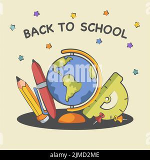 back to school composition from globe pen and pencil Stock Vector