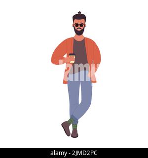 Hipster man with takeaway coffee. Cool handsome boy, stylish teenager vector illustration Stock Vector