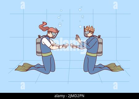 Divers in uniform in swimming pool. Man and woman diving underwater with tubes having lesson together. Scuba diving concept. Vector illustration.  Stock Vector