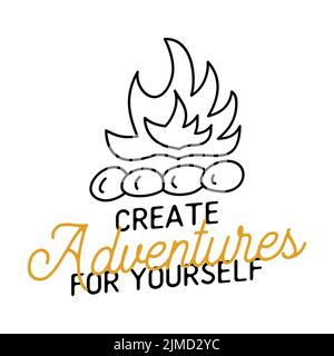 Linear logo with campfire and text on white background Stock Vector