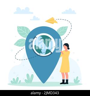 Global geo location on map of Earth globe vector illustration. Cartoon tiny woman standing with pin sign and planet inside to find map position, international travel around world with GPS navigation Stock Vector
