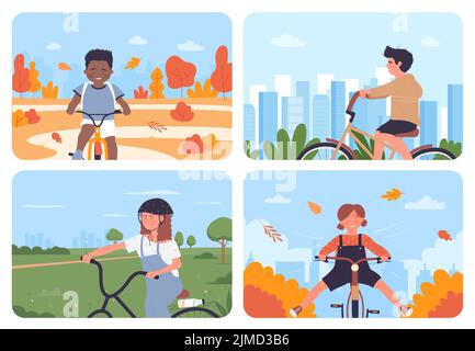 Kids cycling in city park urban landscape vector illustration set. Cartoon girl boy child cyclist characters ride bicycle on road, active riders children enjoying healthy sport activity background Stock Vector