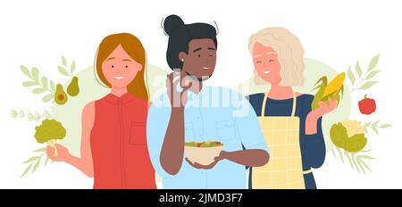 Vegan healthy lifestyle, food diet and nutrition. Cartoon young people holding vitamin vegetable ingredient and cooking, vegetarian tasty meal on plate flat vector illustration. Nourishment concept Stock Vector