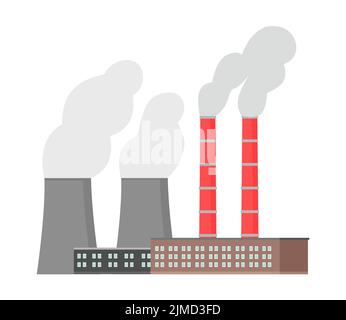 Thermal power plant station. Chimney and pipes with smoke, industrial building vector illustration Stock Vector