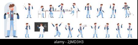 Male scientist poses in side, front and back view set vector illustration. Cartoon man chemist with beard, lab coat and glasses working with microscope, laboratory equipment isolated on white Stock Vector