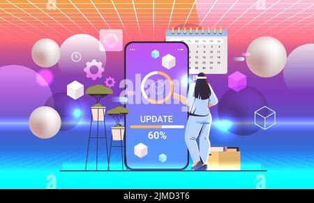 woman in virtual reality glasses updating operating system update process install new software on smartphone Stock Vector