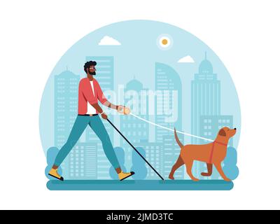 African American Blind Man Walking with Guide Dog Stock Vector