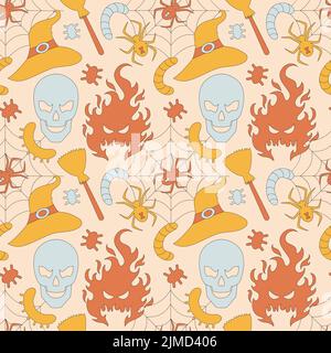Spider, skull, web, hat, fire, broom, bugs. Stock Vector