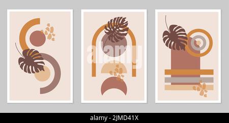 A set of Abstract hand-painted Illustrations for wall decoration. Boho style. Postcards, banners on social networks. The background of the brochure co Stock Vector