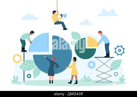 Business analysis of pie charts, financial data management vector illustration. Cartoon tiny people holding graph report segment, building statistics diagram. Software, information, statistics concept Stock Vector