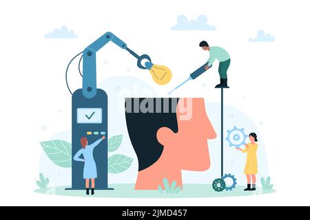 Artificial intelligence development, robot and machine learning vector illustration. Cartoon tiny engineers adding light bulb to big open human head using robotic arm in laboratory. AI concept Stock Vector