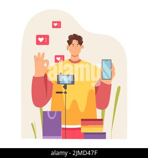 Live stream and review of purchases in social media from blogger. Cartoon young man with mobile phone, camera to record unboxing and shopping bags flat vector illustration. Lifestyle, blog concept Stock Vector