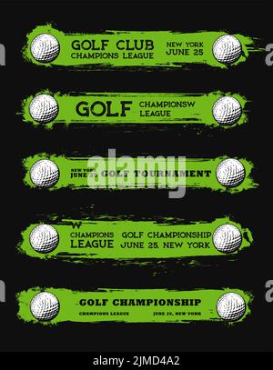 Golf sport club grunge banners. Golfing tournament or league championship, sport club competition grunge vector horizontal banners with golf balls and green paint brushstroke line Stock Vector