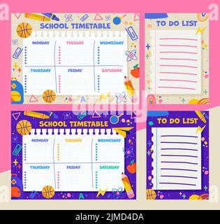 School timetable templates with to-do list. In two colors, beige and purple. Size A4. Vector illustration. Perfect for both boys and girls. Stock Vector