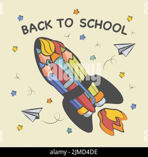background back to school composition from a rocket from pencils Stock Vector